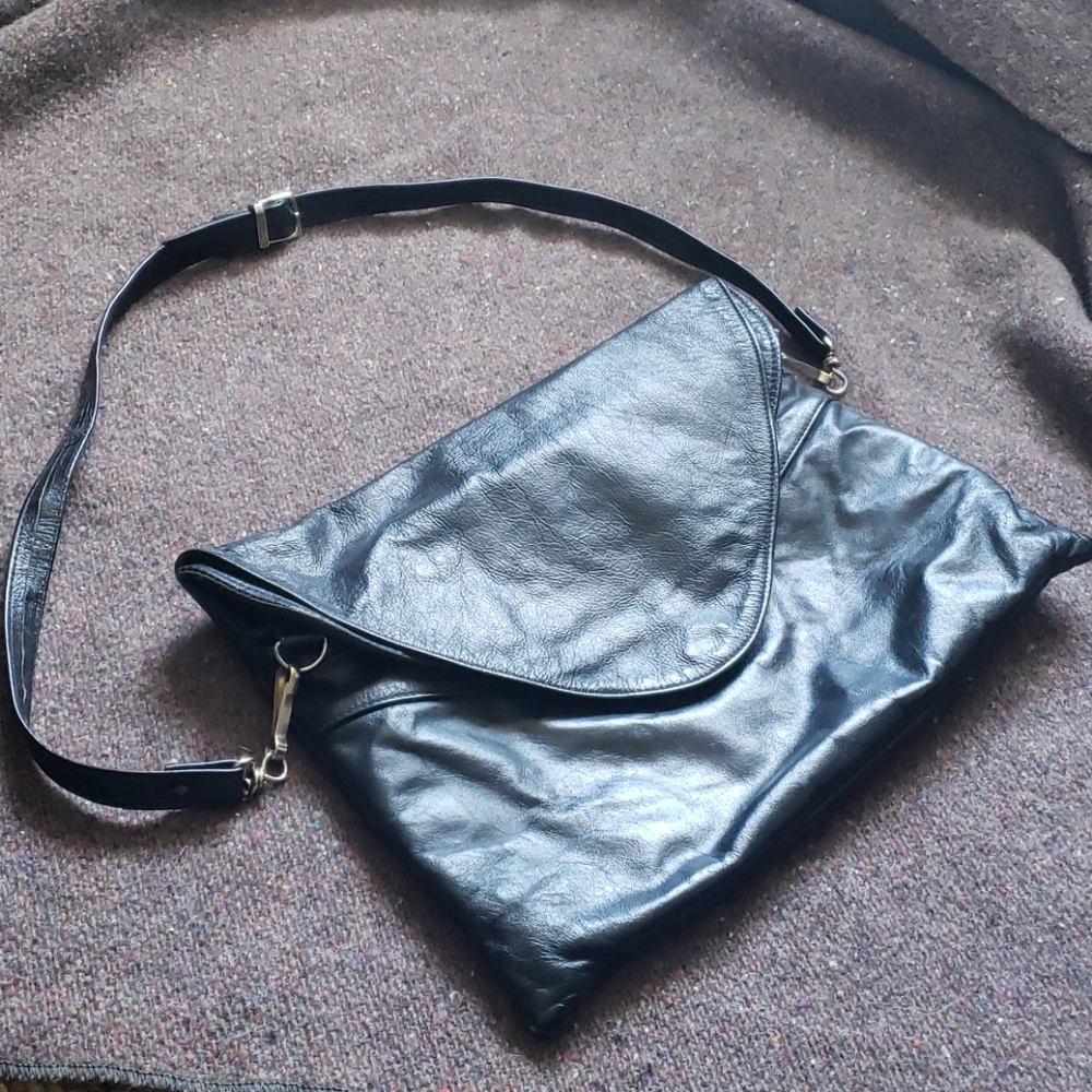 Vintage handmade black leather shoulder bag